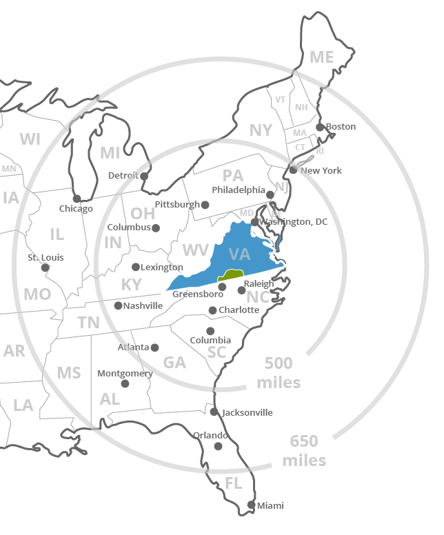 Southern Virginia Mega Site map location on Mid-Atlantic East Coast of the US